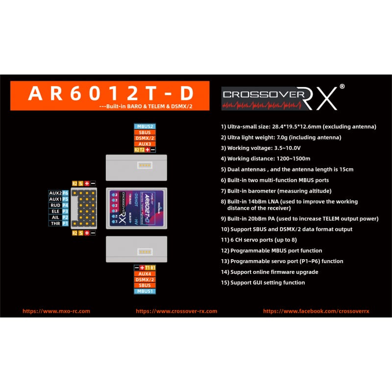 CROSSOVER-RX AR6012T-D ( DSMX/2) /Built-in BARO & TELEM & DSMX/2 & 8CH PWM or 12CH SBUS