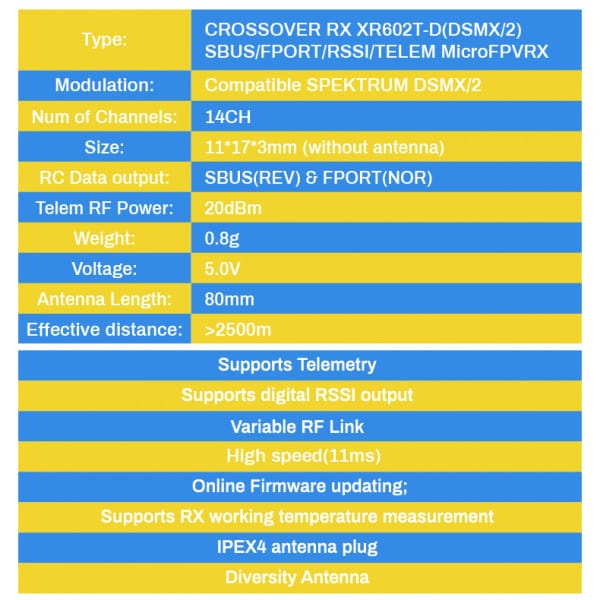 CROSSOVER RX XR602T-D(DSMX/2 SPEKTRUM) SBUS/FPORT/RSSI/Full-RFPower/TELEM/D-ANT MicroFPVRX